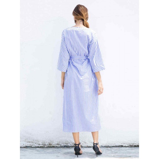 S-5XL Casual Women Stripe Long Maxi Dress with Belt