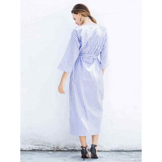 S-5XL Casual Women Stripe Long Maxi Dress with Belt