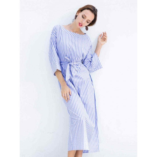 S-5XL Casual Women Stripe Long Maxi Dress with Belt