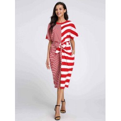 S-5XL Casual Women Stripe Short Sleeve Drawstring Dresses