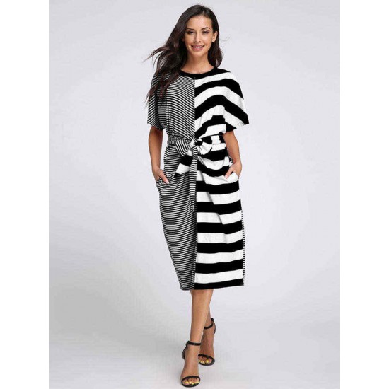 S-5XL Casual Women Stripe Short Sleeve Drawstring Dresses