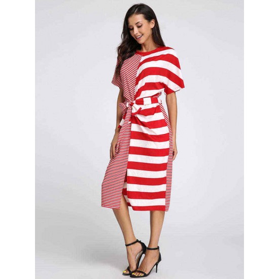 S-5XL Casual Women Stripe Short Sleeve Drawstring Dresses