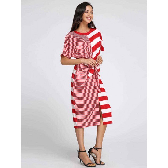 S-5XL Casual Women Stripe Short Sleeve Drawstring Dresses