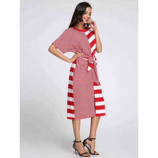 S-5XL Casual Women Stripe Short Sleeve Drawstring Dresses