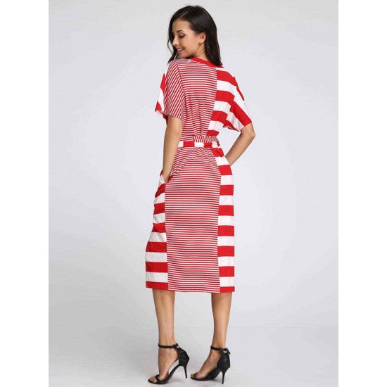 S-5XL Casual Women Stripe Short Sleeve Drawstring Dresses