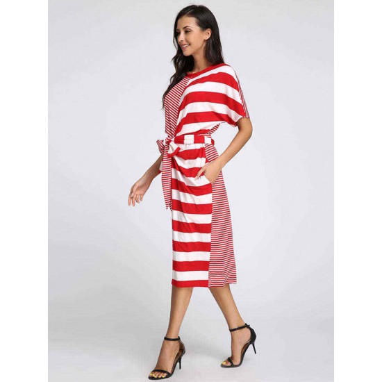 S-5XL Casual Women Stripe Short Sleeve Drawstring Dresses