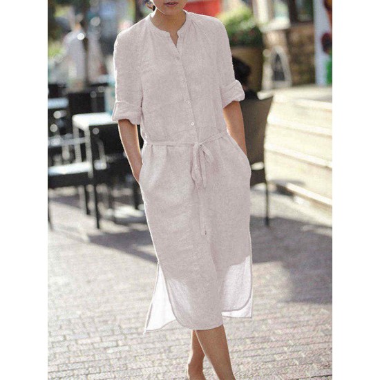 S-5XL Crew Neck Button Front Linen Side Split Shirt Dress