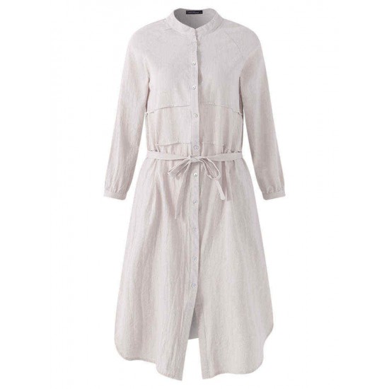 S-5XL Crew Neck Button Front Linen Side Split Shirt Dress