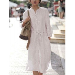 S-5XL Crew Neck Button Front Linen Side Split Shirt Dress