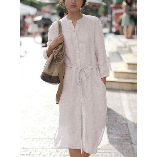 S-5XL Crew Neck Button Front Linen Side Split Shirt Dress