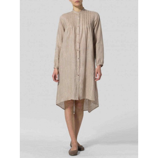 S-5XL Elegant Crew Neck Pleated Long Sleeve Women Dress