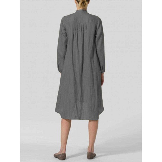 S-5XL Elegant Crew Neck Pleated Long Sleeve Women Dress