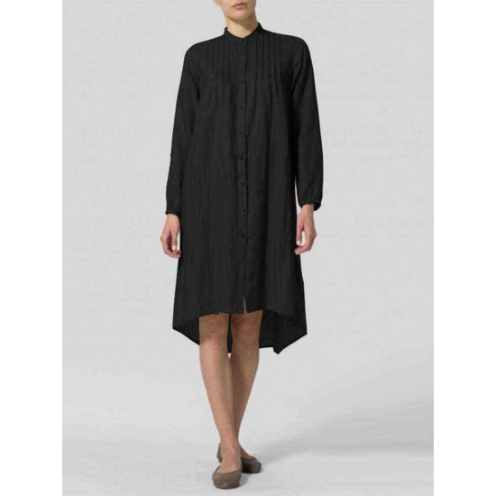 S-5XL Elegant Crew Neck Pleated Long Sleeve Women Dress