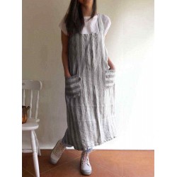 S-5XL Japanese Style Stripe Cotton Pinafore Aprons Dress with Pockets