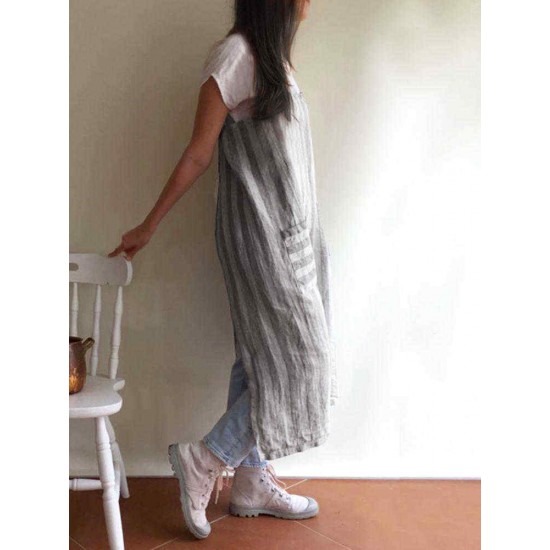 S-5XL Japanese Style Stripe Cotton Pinafore Aprons Dress with Pockets