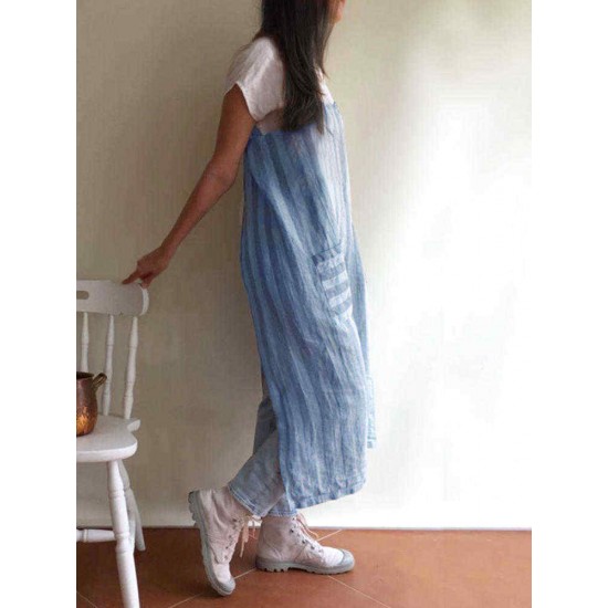 S-5XL Japanese Style Stripe Cotton Pinafore Aprons Dress with Pockets