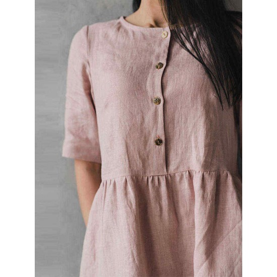 S-5XL Vintage O-Neck Short Sleeve Button Pockets Cotton Linen Mini Dress