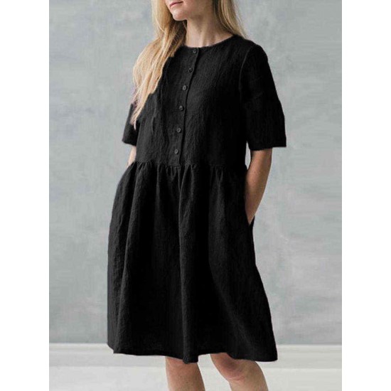 S-5XL Vintage O-Neck Short Sleeve Button Pockets Cotton Linen Mini Dress