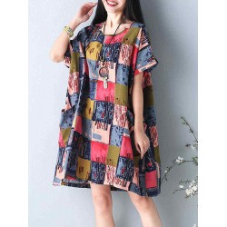 S-5XL Women Casual Dress Loose Boho Round Neck Floral Printed Dress