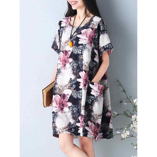 S-5XL Women Casual Dress Loose Boho Round Neck Floral Printed Dress