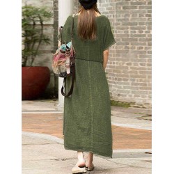 S-5XL Women Casual Solid Color Cotton Linen Maxi Dress with Pockets