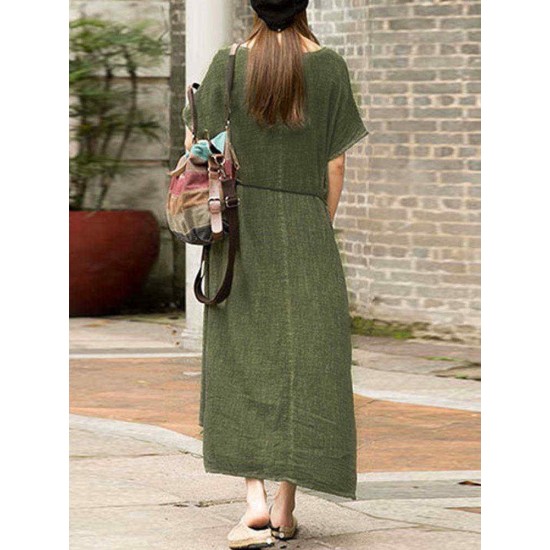 S-5XL Women Casual Solid Color Cotton Linen Maxi Dress with Pockets