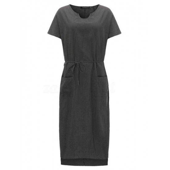 S-5XL Women Casual Solid Color Cotton Linen Maxi Dress with Pockets