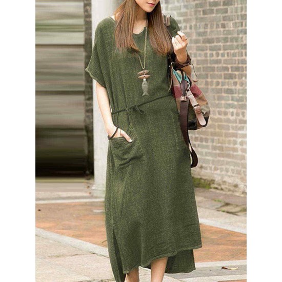 S-5XL Women Casual Solid Color Cotton Linen Maxi Dress with Pockets