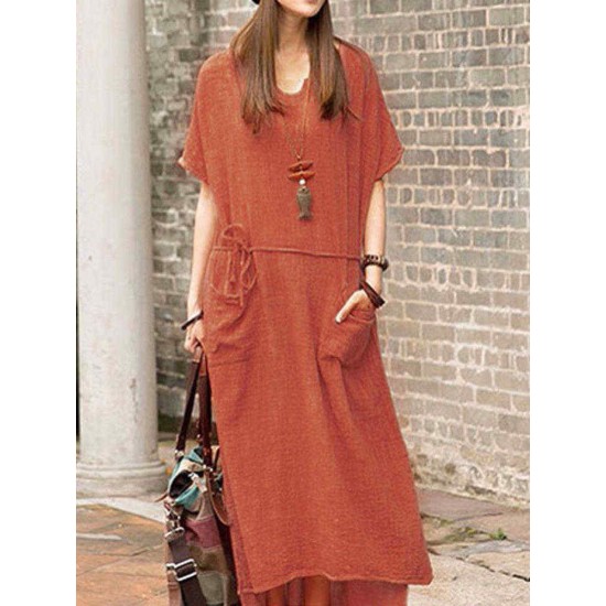 S-5XL Women Casual Solid Color Cotton Linen Maxi Dress with Pockets