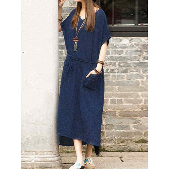 S-5XL Women Casual Solid Color Cotton Linen Maxi Dress with Pockets