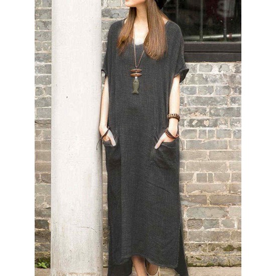 S-5XL Women Casual Solid Color Cotton Linen Maxi Dress with Pockets