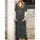 S-5XL Women Casual Solid Color Cotton Linen Maxi Dress with Pockets