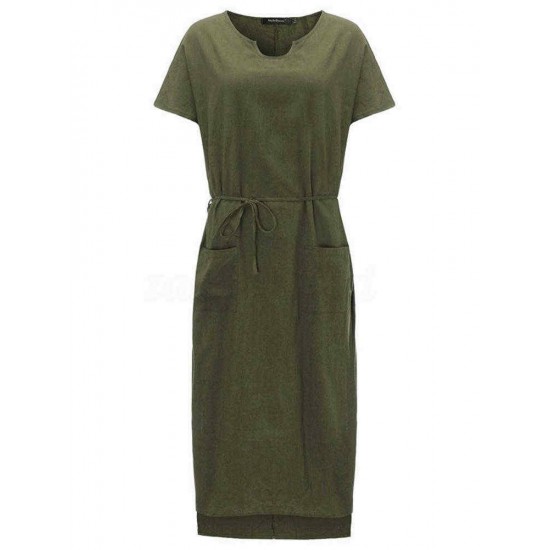 S-5XL Women Casual Solid Color Cotton Linen Maxi Dress with Pockets