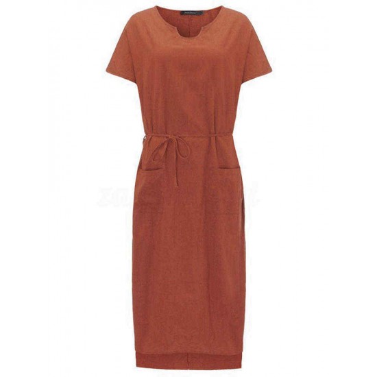 S-5XL Women Casual Solid Color Cotton Linen Maxi Dress with Pockets