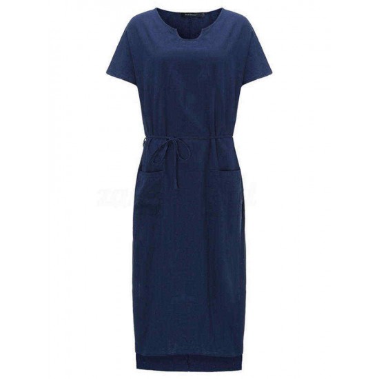 S-5XL Women Casual Solid Color Cotton Linen Maxi Dress with Pockets