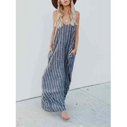 S-5XL Women Casual Spaghetti Straps Striped Cotton Long Maxi Dress