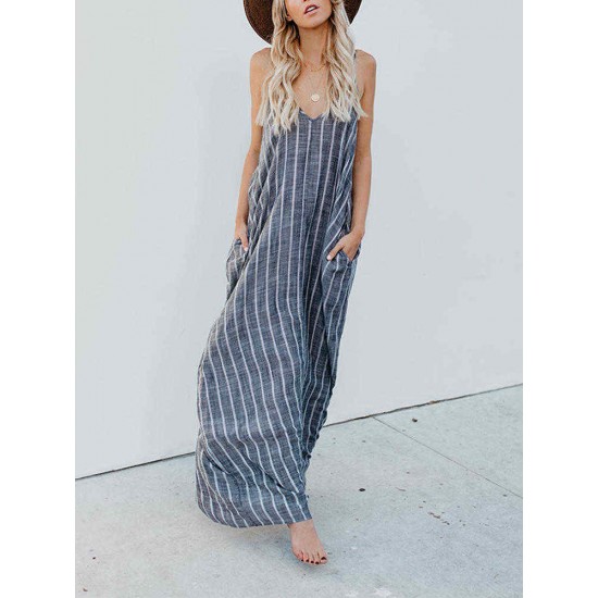 S-5XL Women Casual Spaghetti Straps Striped Cotton Long Maxi Dress