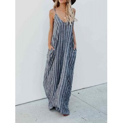 S-5XL Women Casual Spaghetti Straps Striped Cotton Long Maxi Dress