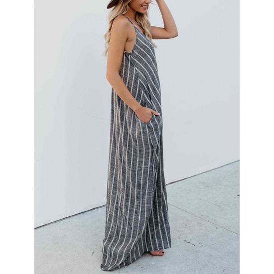 S-5XL Women Casual Spaghetti Straps Striped Cotton Long Maxi Dress