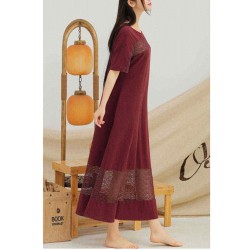 S-5XL Women Hollow Out Dress Pure Color Cotton Line Maxi Dress