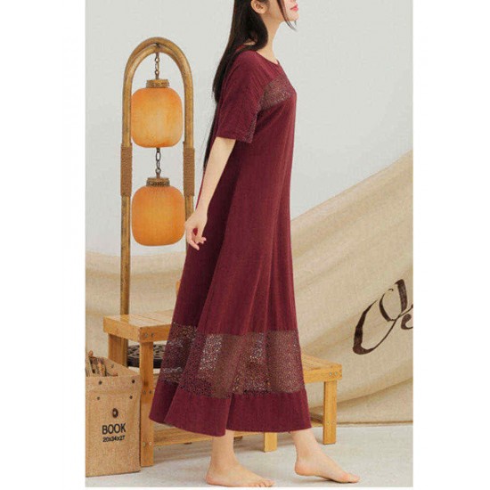 S-5XL Women Hollow Out Dress Pure Color Cotton Line Maxi Dress