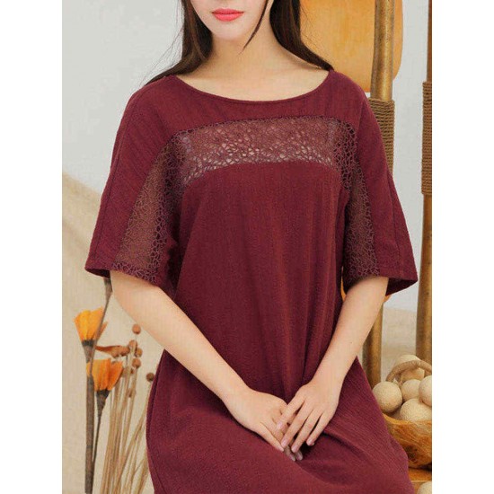 S-5XL Women Hollow Out Dress Pure Color Cotton Line Maxi Dress