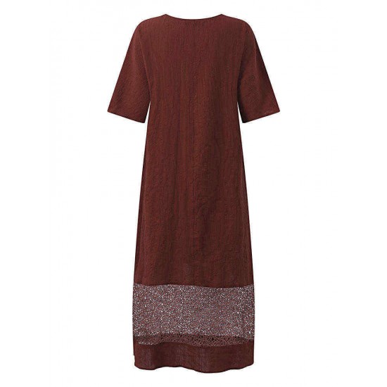 S-5XL Women Hollow Out Dress Pure Color Cotton Line Maxi Dress