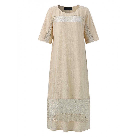 S-5XL Women Hollow Out Dress Pure Color Cotton Line Maxi Dress