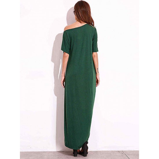 Sexy Women Casual Off Shoulder Pure Color Maxi Long Dresses