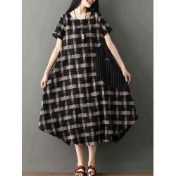 Short Sleeve Plaid Stripe Patchwork Irregular Hem Dress