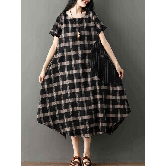 Short Sleeve Plaid Stripe Patchwork Irregular Hem Dress