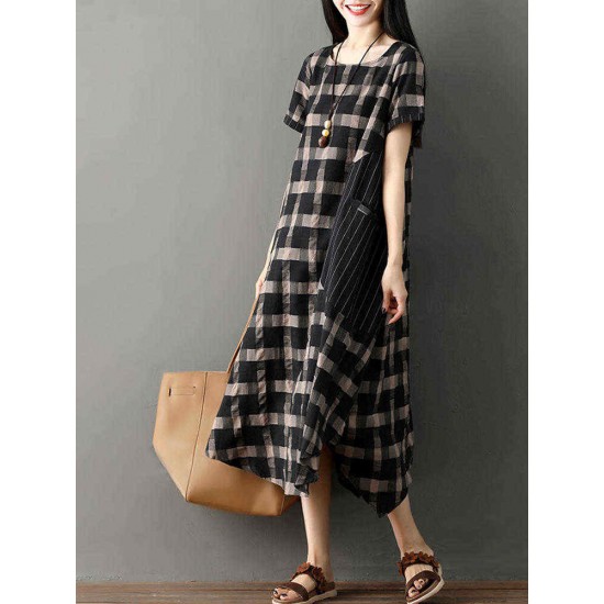 Short Sleeve Plaid Stripe Patchwork Irregular Hem Dress