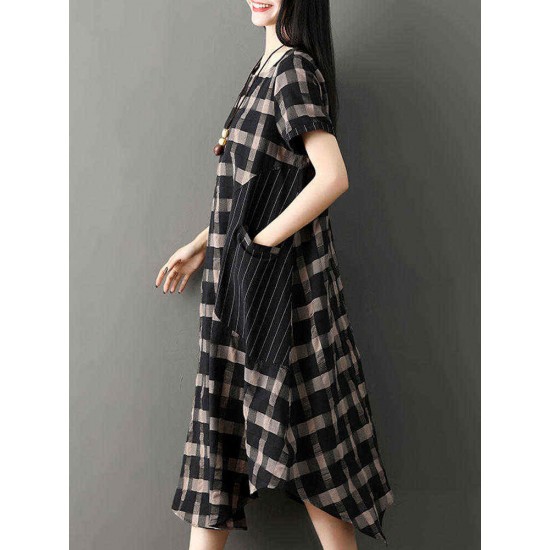 Short Sleeve Plaid Stripe Patchwork Irregular Hem Dress