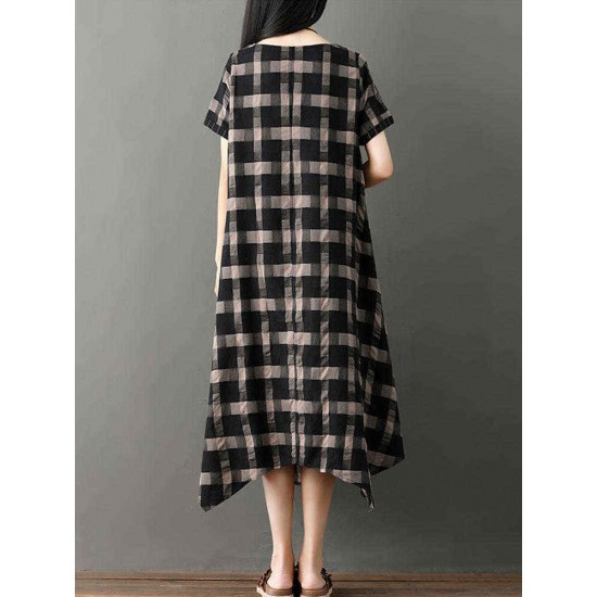 Short Sleeve Plaid Stripe Patchwork Irregular Hem Dress